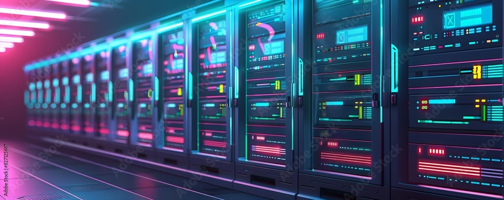 Monitoring servers in a data center that handles enormous amounts of online transactions Theme data storage - side view - information hub - robotic tone - Triadic Color Scheme Monitoring servers in a data center that handles enormous amounts of online transactions Theme data storage - side view - information hub - robotic tone - Triadic Color Scheme