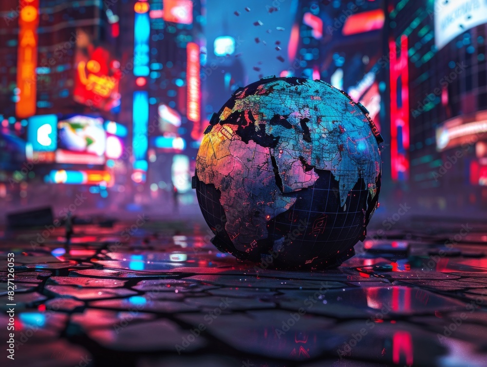 A cracked, rusted world globe with digital screens displaying breaking news, set in a dark, dystopian cityscape, illuminated with neon lights, photorealistic style A cracked, rusted world globe with digital screens displaying breaking news, set in a dark, dystopian cityscape, illuminated with neon lights, photorealistic style