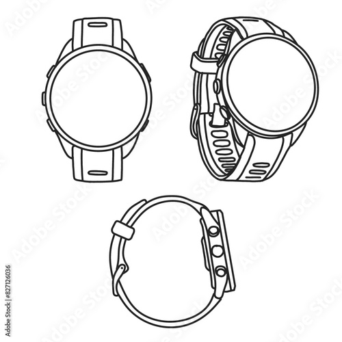 Vector illustration of smartwatch round display hand drawn sketch line art, front and isometric view, isolated on white background, For kids coloring book or science illustration.