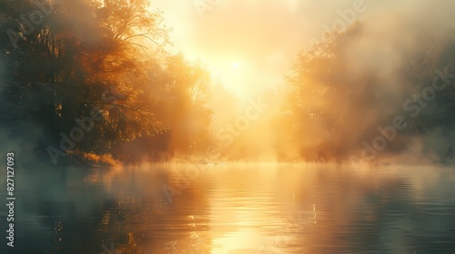 A misty morning landscape with soft sunlight breaking through the fog in gentle hues of yellow and orange