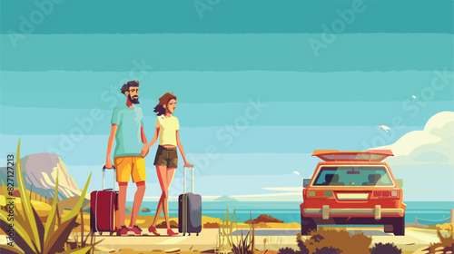 Happy couple near car trunk with suitcases outdoors.