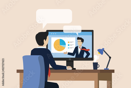 Online meeting, webinar training, business training concept, businessman having online discussion with superior using laptop.