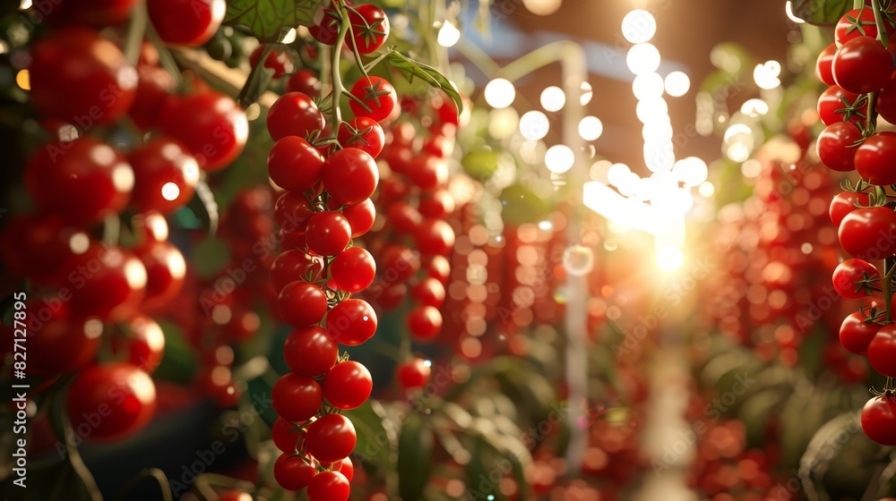 Red tomatoes dangle from a tree against a backdrop of lush green leaves A room houses this scene, adorned with a chandelier and a large window allowing a Red tomatoes dangle from a tree against a backdrop of lush green leaves A room houses this scene, adorned with a chandelier and a large window allowing a