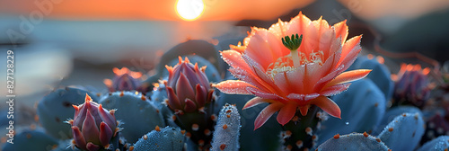 A cactus flower looking at the sun,
A cactus with a pink flower on top of its head
 photo
