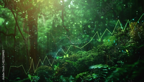 A lush forest with towering trees morphing into a digital graph, showing a rising trendline, glowing with vibrant green energy, photorealistic, finely detailed, dynamic composition