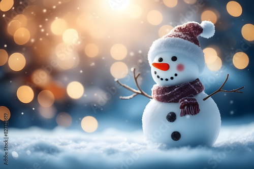 Cheerful snowman brightens winter scenery, spreading holiday joy with ample copy space for Christmas or seasonal greetings. © OzCam