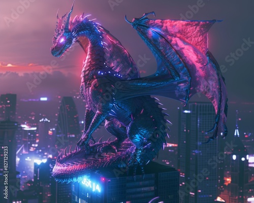 A majestic dragon perched atop a modern skyscraper photo