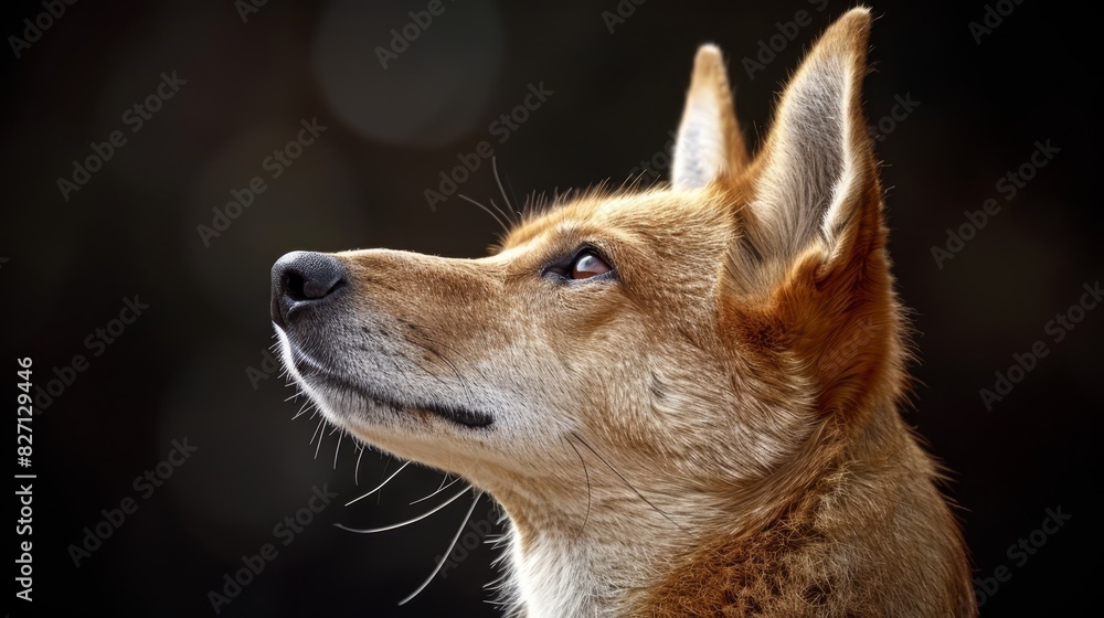 A dog's face, closely framed Background softly blurred Light casts a spot on its left side A dog's face, closely framed Background softly blurred Light casts a spot on its left side