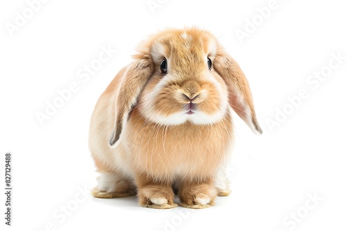 Graceful Mini Lop rabbit depicted in tranquil stillness against a clean white background. © ridjam