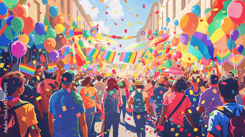 Artistic illustration of a pride parade with LGBTQ+ people and rainbow decorations photo