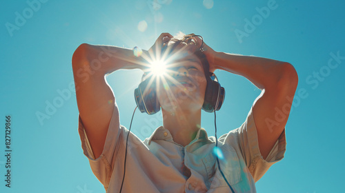a man wearing headphones and holding his head photo
