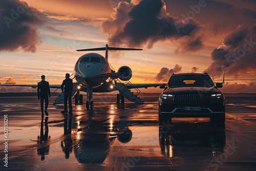 a group of people walking on a runway with a jet and cars photo
