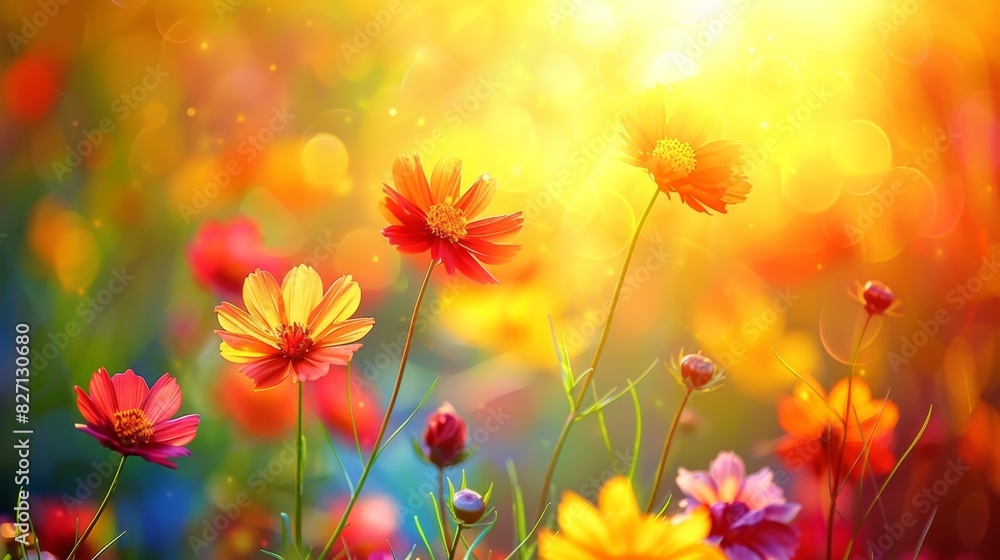 A scene of vibrant flowers filling a field, sun rays filtering through overlapping clouds behind, flowers in foreground softly blurred A scene of vibrant flowers filling a field, sun rays filtering through overlapping clouds behind, flowers in foreground softly blurred