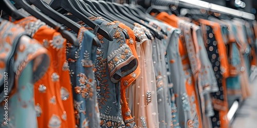 Closeup of Indian womens fashion dresses displayed on hangers in retail store. Concept Fashion Clothing Display, Indian Womenswear, Retail Store, Closeup Shots, Hangers Display photo