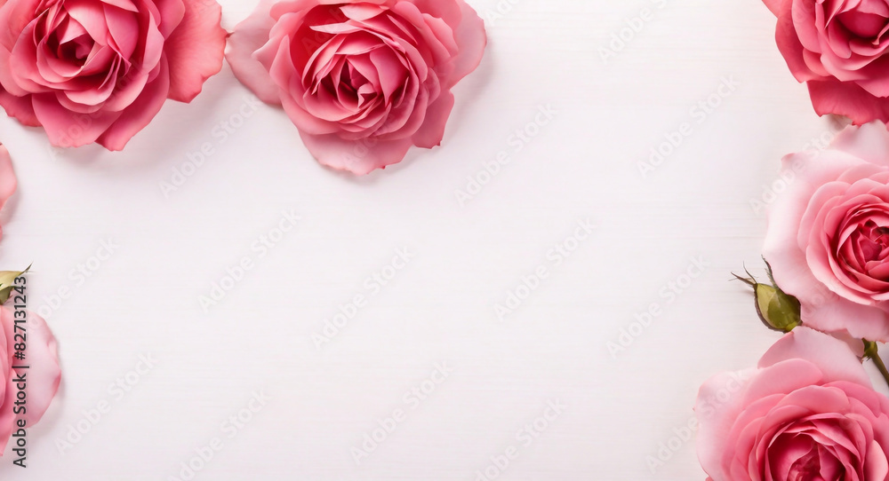 rose flower background. Wedding invitation cards. Valentine's day or mother day holiday concept, top view empty space