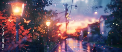 A serene suburban street at twilight, with whimsical, glowing fairies flitting around the lampposts, watercolor technique, soft and dreamlike colors, enchanting yet familiar scene photo