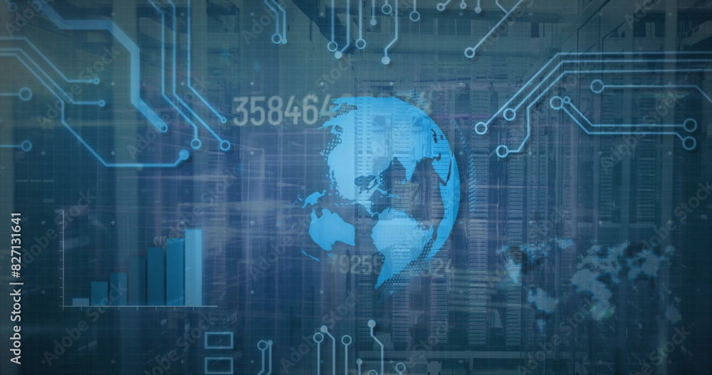 Image of globe, graph, circuit board pattern and changing numbers over data server system Image of globe, graph, circuit board pattern and changing numbers over data server system