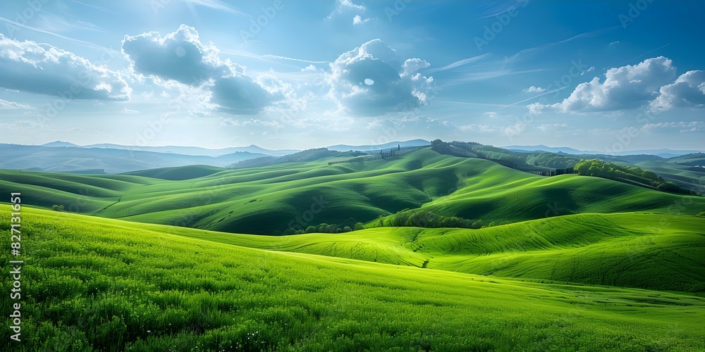 Fototapeta premium Captivating scenery of lush green rolling hills against a backdrop of blue skies. Concept Green Hills, Blue Skies, Scenic Backdrop, Nature Photography, Landscape Views