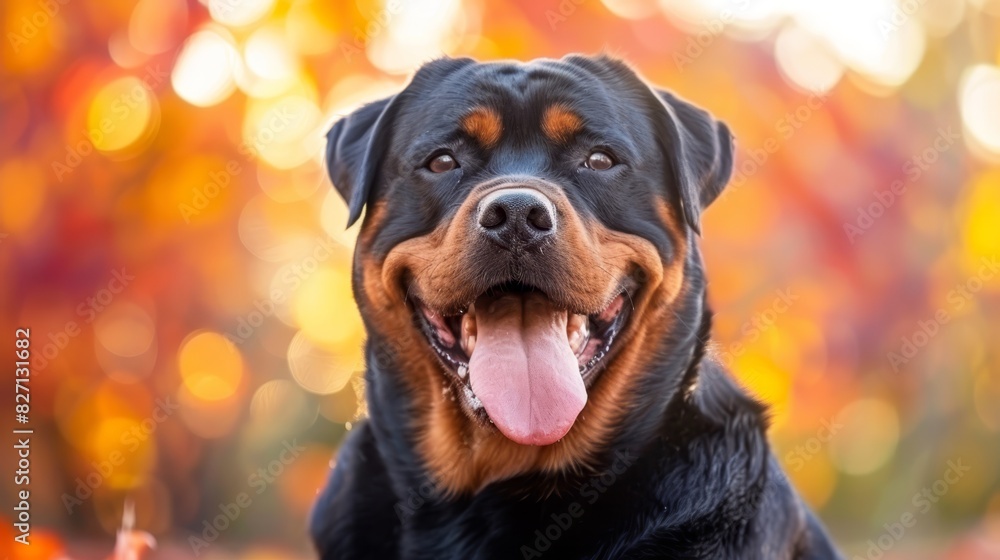 Obraz premium A tight shot of a black and brown canine with tongues out, one side of each tongue extending from its face, against an autumnal backdrop of falling leaves