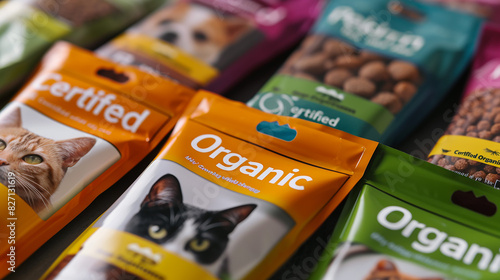 Premium Organic Pet Food Display in Minimalist Studio with Bright Lighting