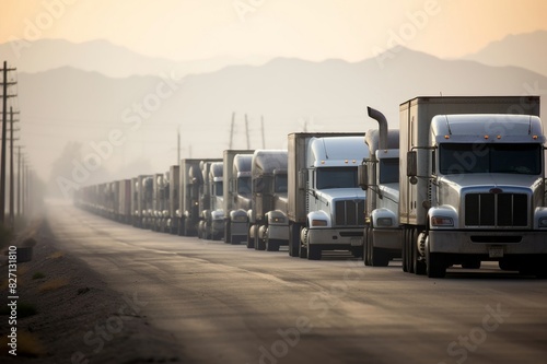 a row of trucks bumper to bumper on a road, san bernardino, california, usa photo