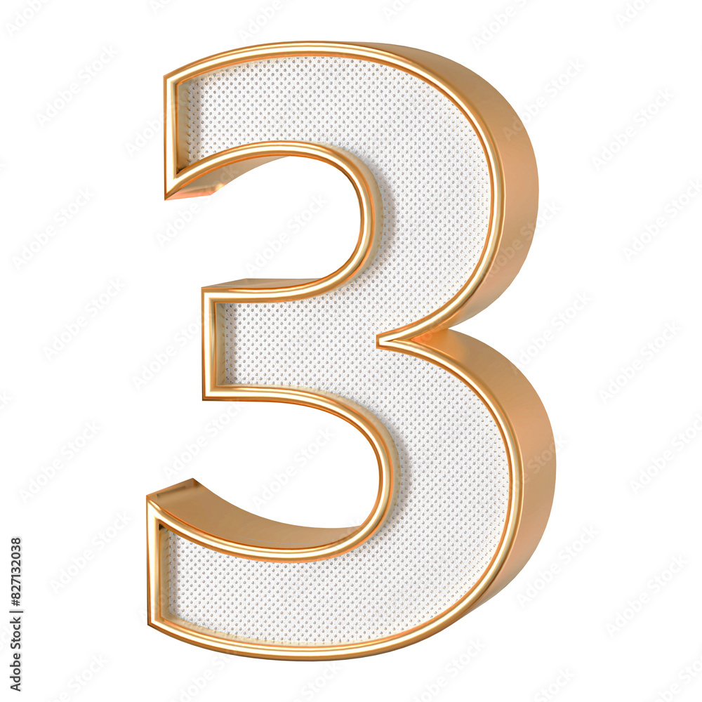 Number 3 . 3D render white number with golden outline Number 3 . 3D render white number with golden outline