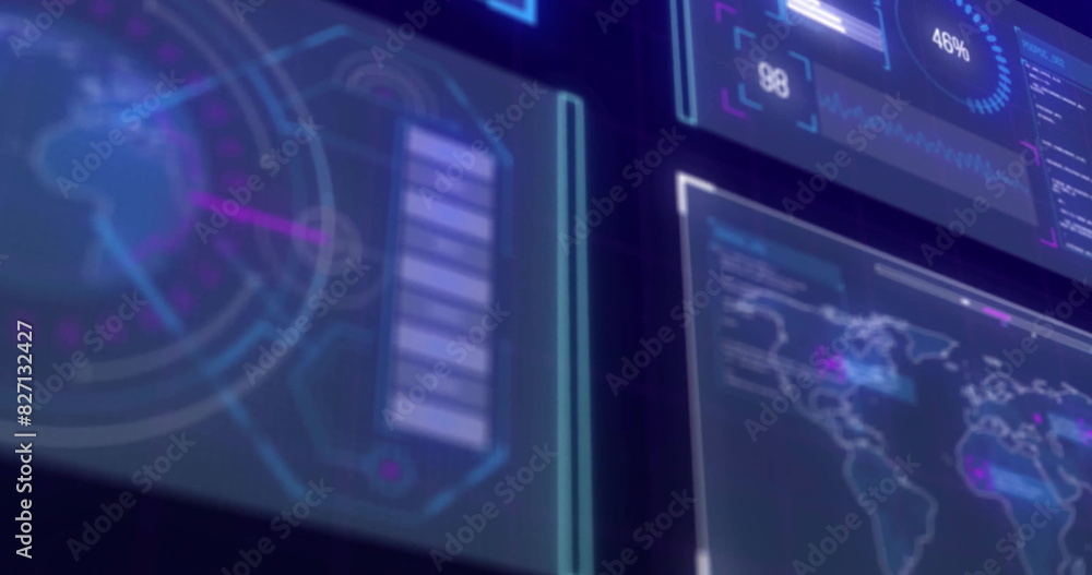 Image of diagrams and data processing on black background Image of diagrams and data processing on black background