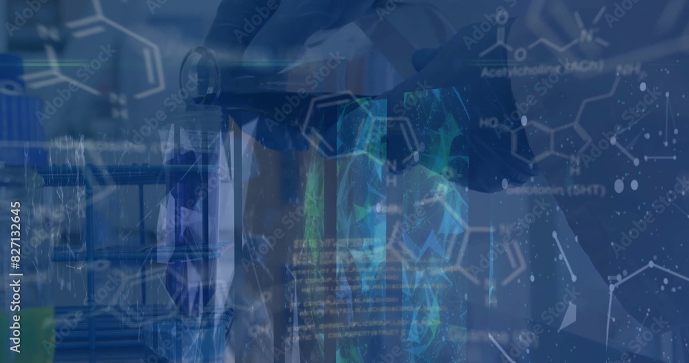 Image of chemical formula and data processing over caucasian scientist holding beaker in lab Image of chemical formula and data processing over caucasian scientist holding beaker in lab
