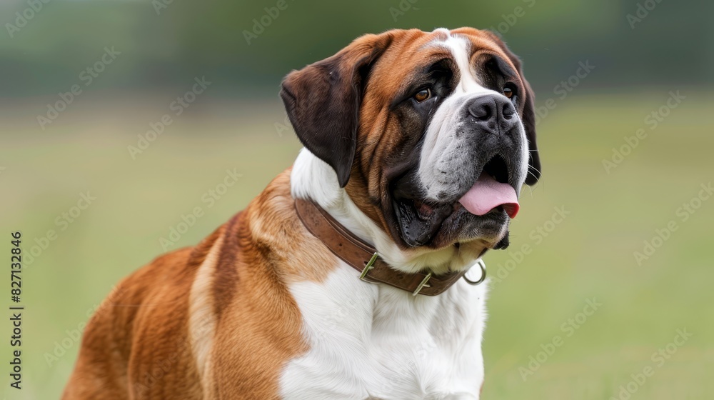  A large brown and white dog stands on a grass-covered field with its tongue out