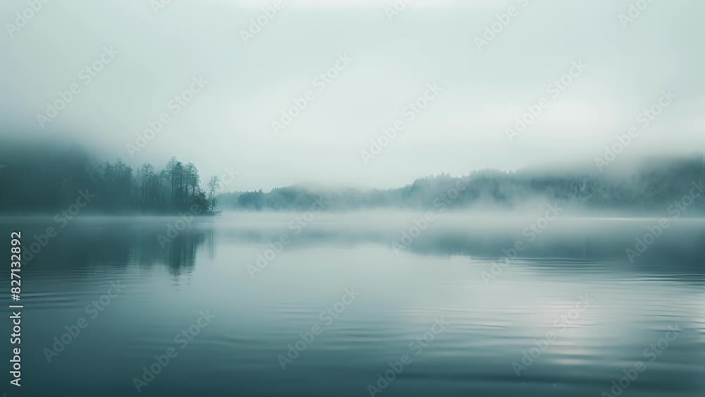 A thick curtain of mist forms over a tranquil lake creating a peaceful and mystical setting. A thick curtain of mist forms over a tranquil lake creating a peaceful and mystical setting.