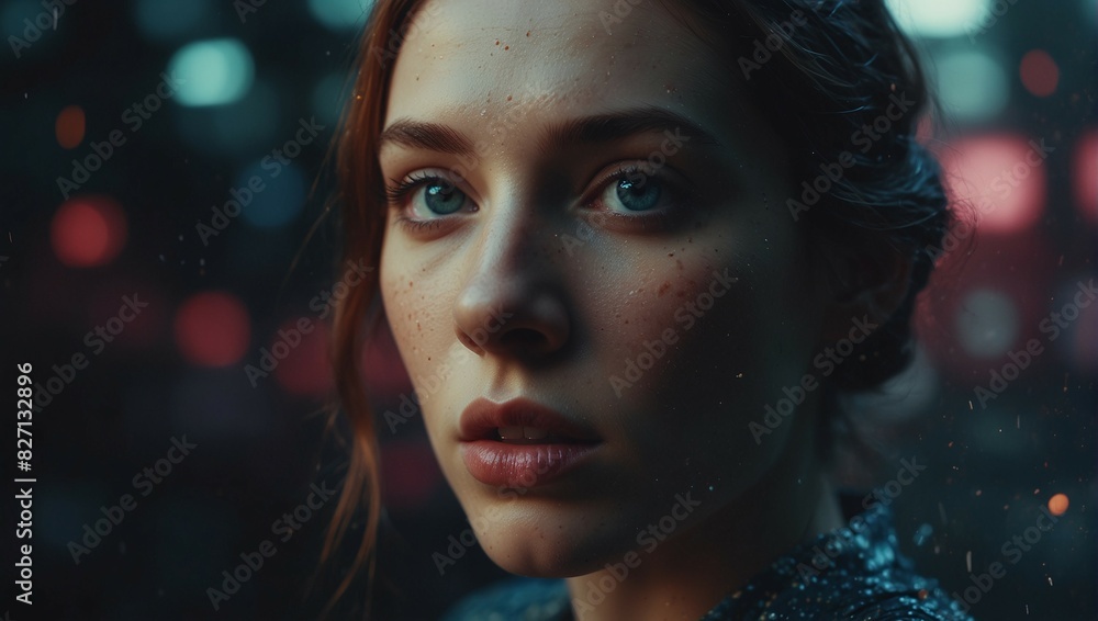 Thoughtful Portrait of a Young Woman with Freckles and Abstract Light Effects in Background Thoughtful Portrait of a Young Woman with Freckles and Abstract Light Effects in Background