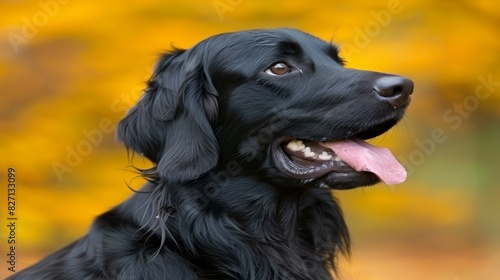  A tight shot of a black dog with tongue out, beside a yellow tree The tree is adorned with foreground leaves