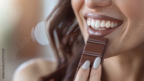 a close up of a woman eating a chocolate bar photo