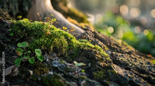 The moss growing on the aged tree trunk