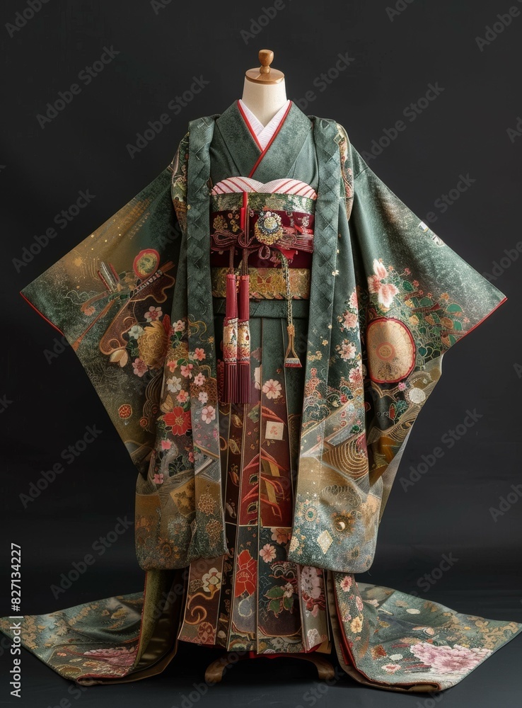 Naklejka premium A traditional Japanese wedding kimono with a green background and floral pattern