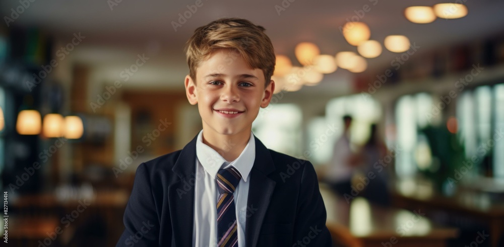 A boy in a suit and tie standing in a restaurant. Generative AI. A boy in a suit and tie standing in a restaurant. Generative AI.