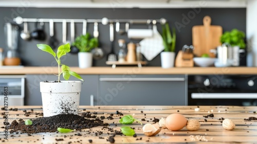  A potted plant atop a wooden table, nearby piles of dirt and eggs on a separate counter top photo