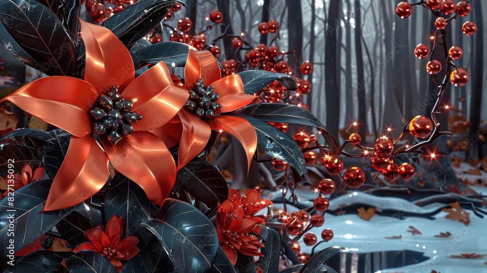 Naklejka premium Christmas scene with a red poinsettia and berries adorning the foreground tree Background features a snow-covered forest