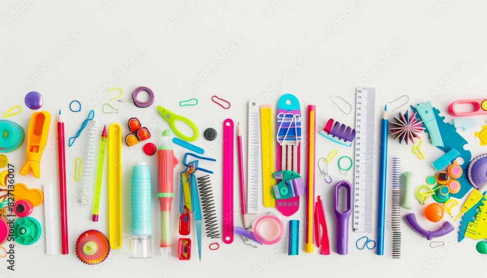 Vibrant Classroom Chaos: A Colorful Composition of School Supplies on a White Background Vibrant Classroom Chaos: A Colorful Composition of School Supplies on a White Background
