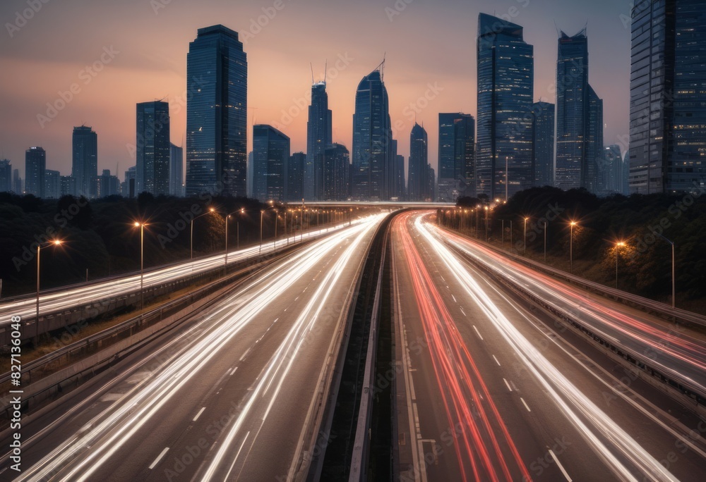 Fototapeta premium Light flow of traffic on a evening highway in a city with modern high buildings