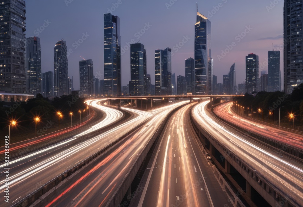 Light flow of traffic on a evening highway in a city with modern high buildings Light flow of traffic on a evening highway in a city with modern high buildings