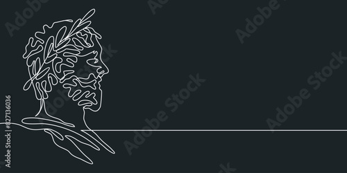 Continuous line, drawing of Greek god head wearing laurel wreath statue minimalist, Ancient Greek Figure Face Head Statue vector illustration for t-shirt, slogan design print graphics style