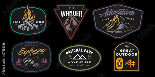 set collection of vintage adventure colorful badge. Camping emblem logo with mountain illustration in retro hipster style.