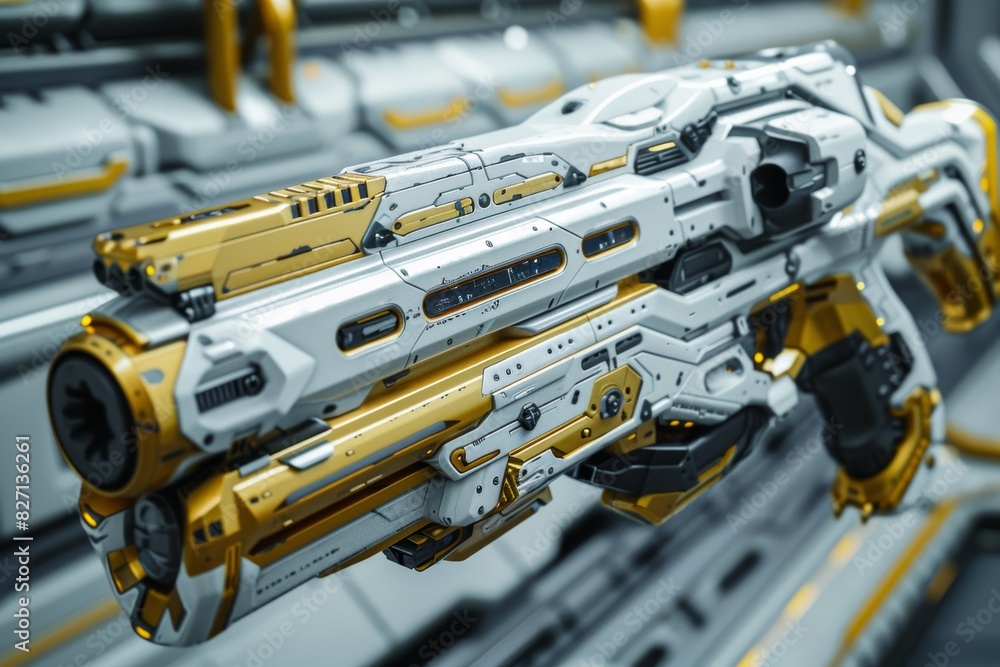 A sci-fi themed image showcasing a sleek gun designed with elements of glue and gold, captured in a documentary photography style A sci-fi themed image showcasing a sleek gun designed with elements of glue and gold, captured in a documentary photography style