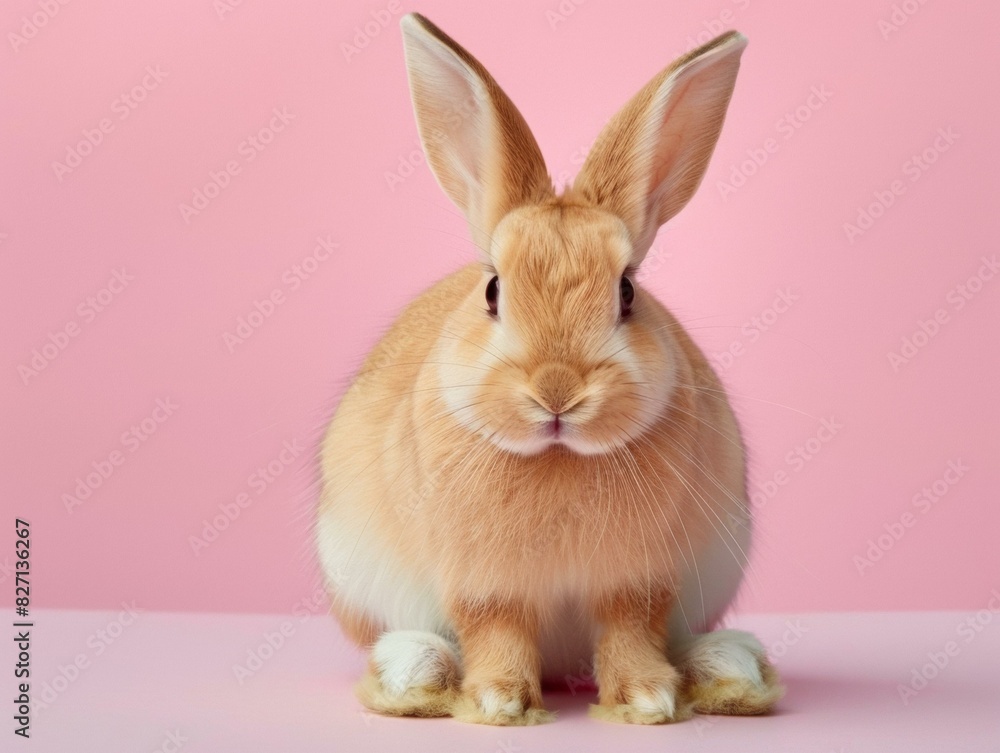 Fototapeta premium A brown rabbit sitting on a pink background with white fur. Generative AI.