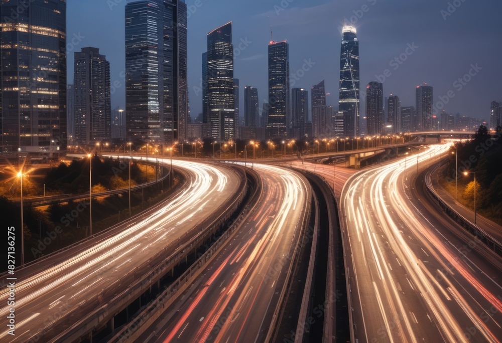 Light flow of traffic on a evening highway in a city with modern high buildings Light flow of traffic on a evening highway in a city with modern high buildings