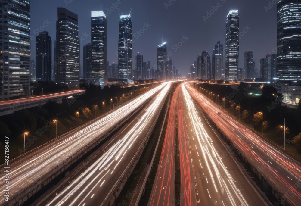 Naklejka premium Light flow of traffic on a evening highway in a city with modern high buildings