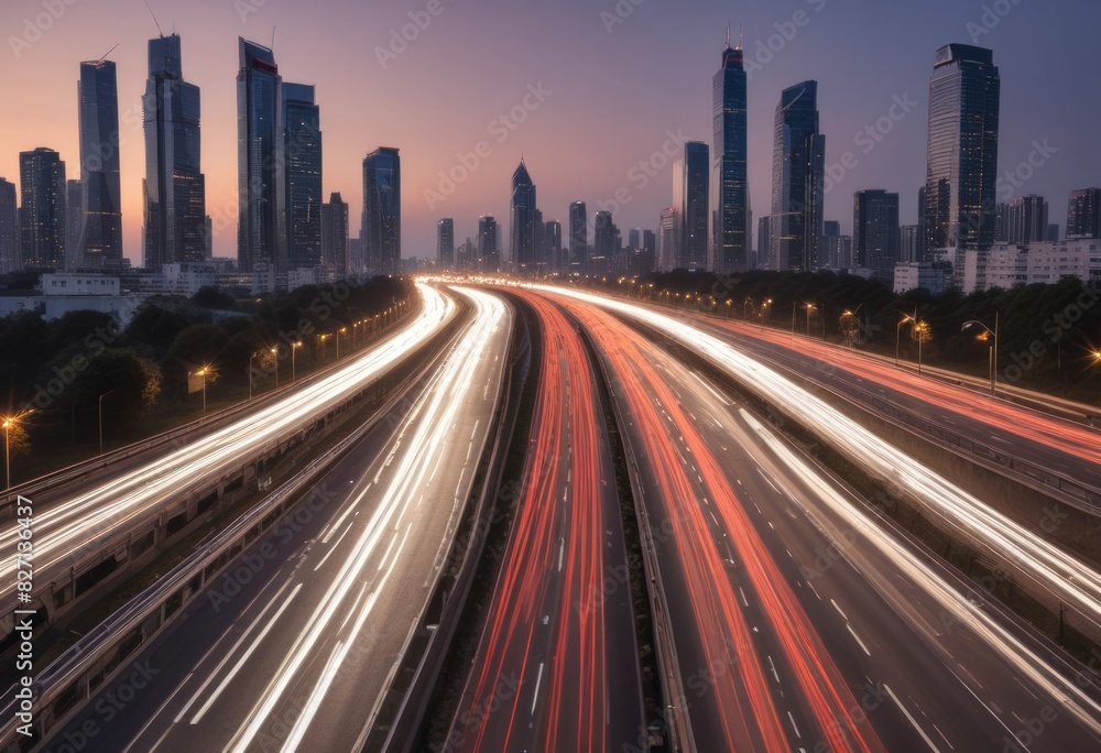 Light flow of traffic on a evening highway in a city with modern high buildings Light flow of traffic on a evening highway in a city with modern high buildings