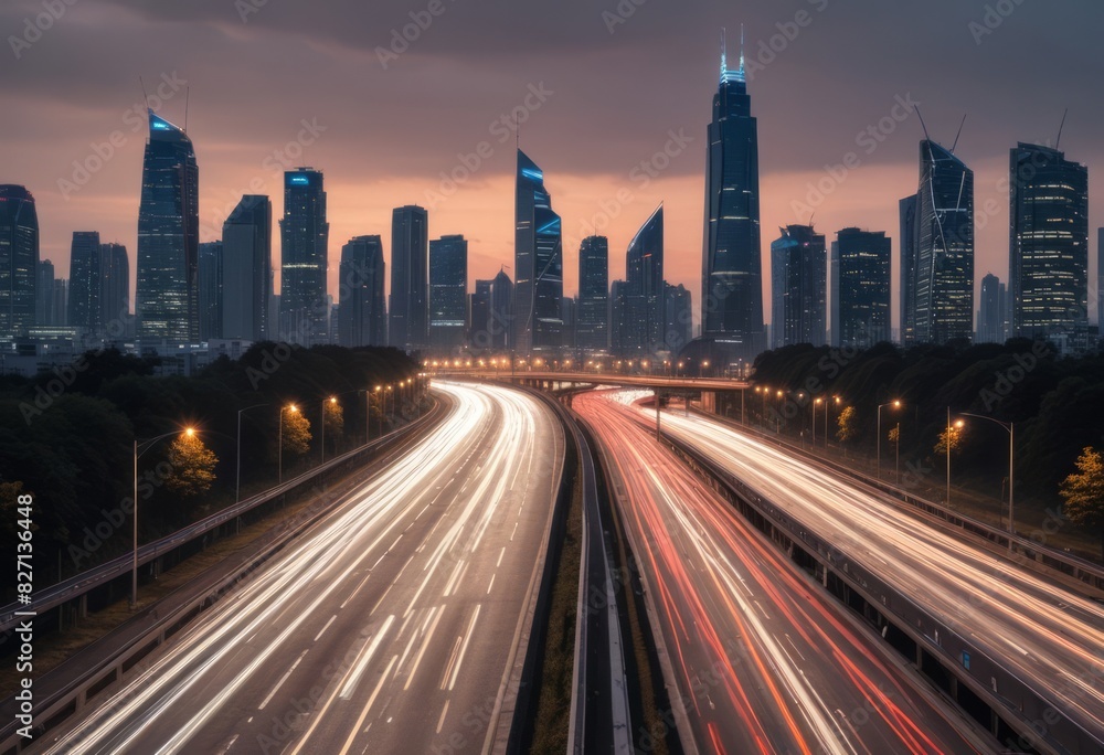 Fototapeta premium Light flow of traffic on a evening highway in a city with modern high buildings