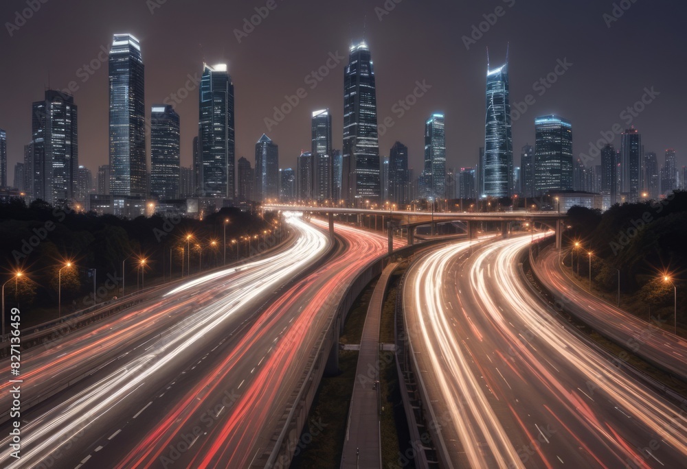 Fototapeta premium Light flow of traffic on a evening highway in a city with modern high buildings
